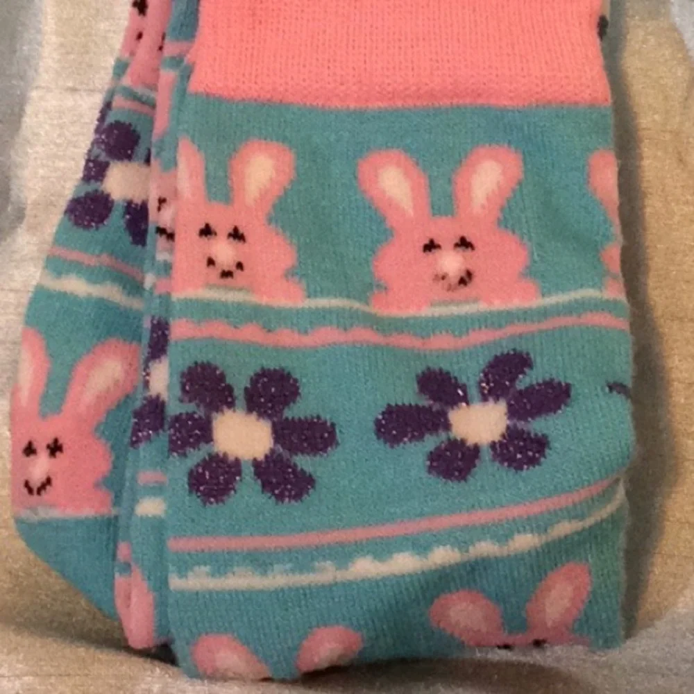 TEAL & PINK Knee high bunny socks w/purple glitter flowers, NWT